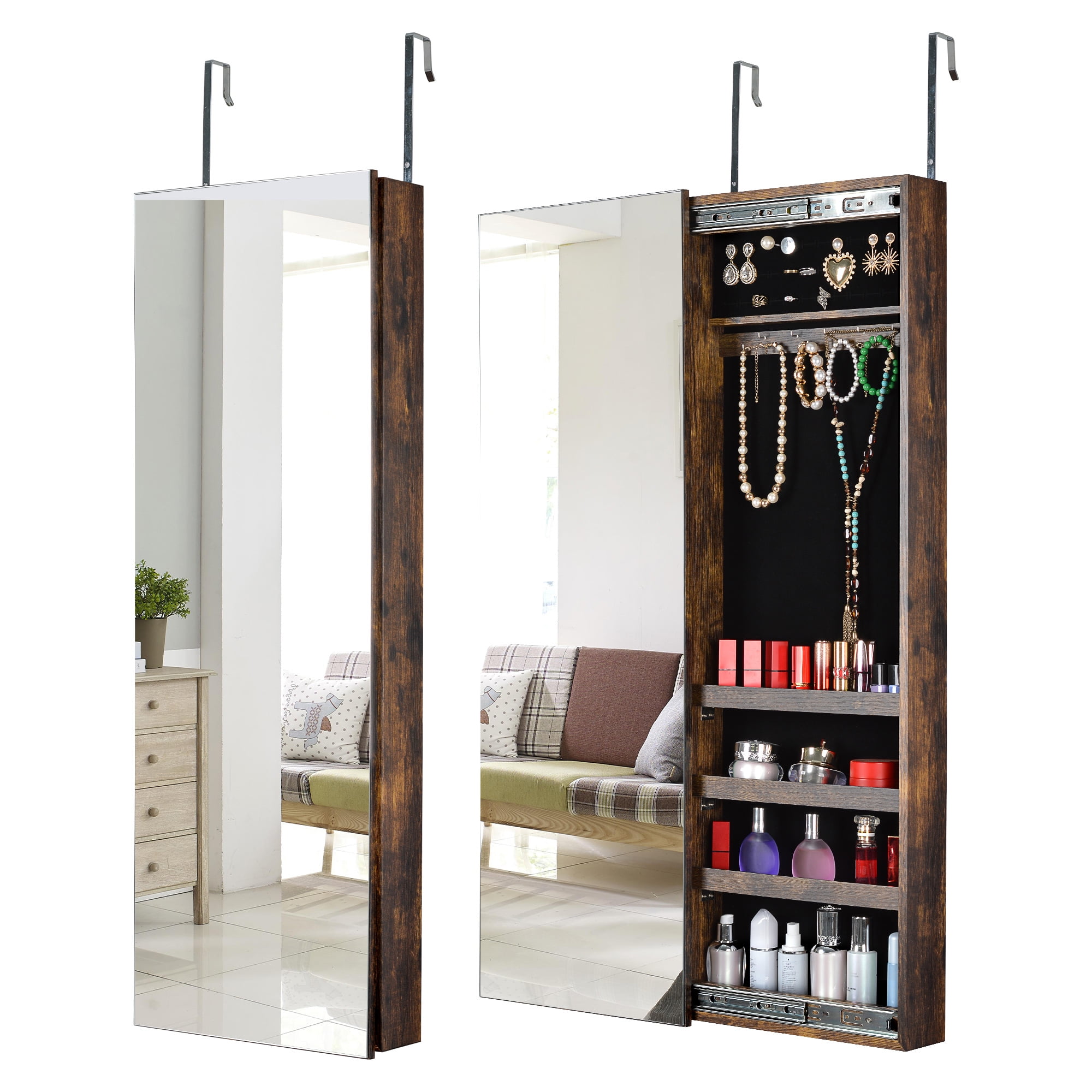 Kepooman Wall Mount and Door Mirror Jewelry Cabinets, Hanging Jewelry Storage Cabinet, Brown Kepooman Wall Mount and Door Mirror Jewelry Cabinets, Hanging Jewelry Storage Cabinet, Brown