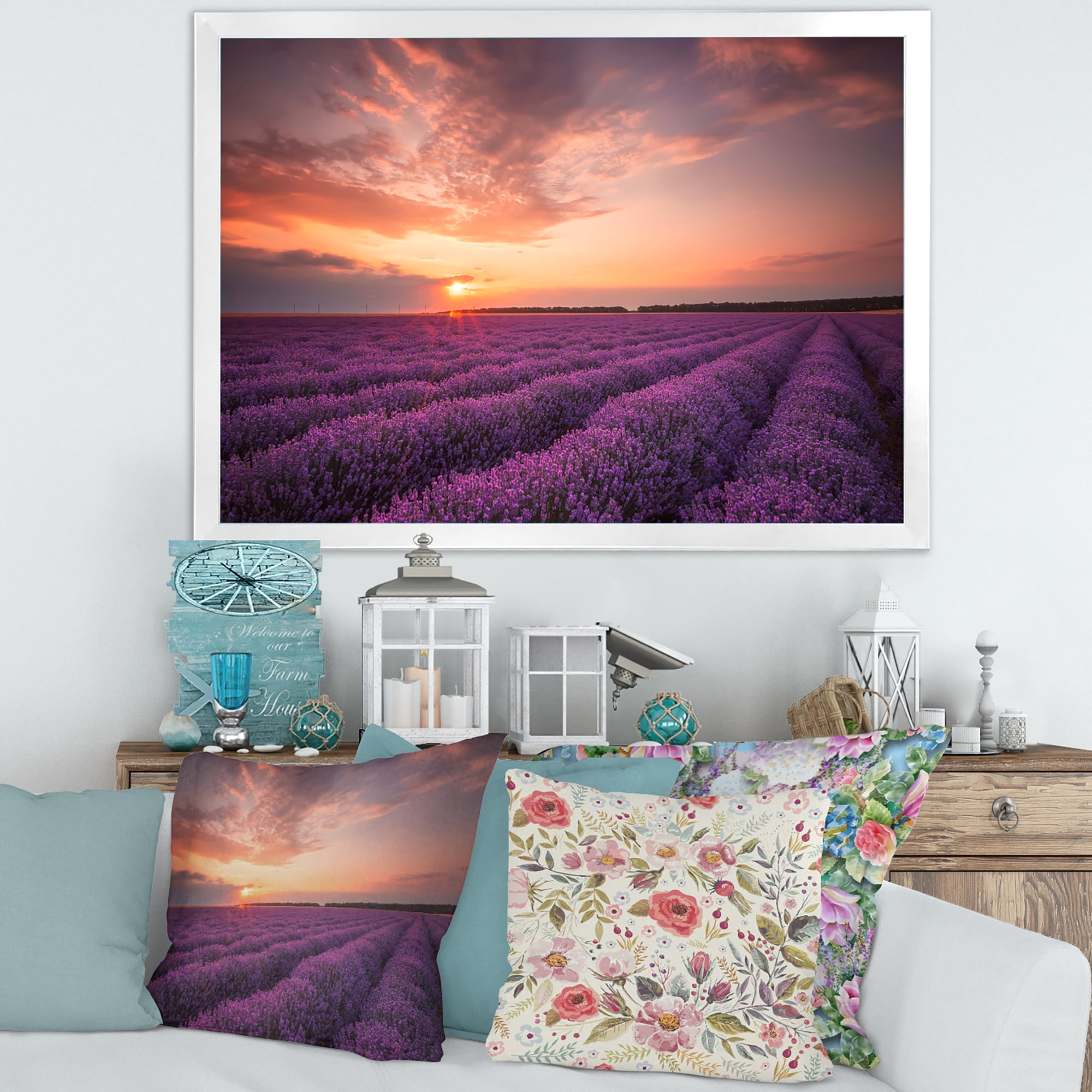 Designart 'Dramatic Clouds and Sunrise Over Lavender Field XII' Farmhouse Framed Art Print