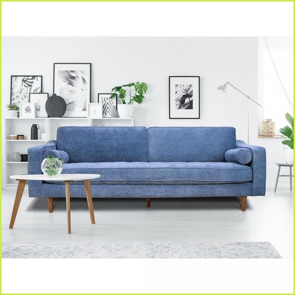 Denim Blue 3-Person Modern Minimalist Sofa | Solid Wood Frame | Cushion Back | Square Arms | Living Room Upholstered Couch