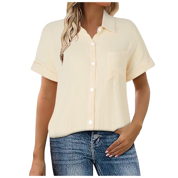 Camisa de manga corta con botones y textura para mujer: blusa informal de corte holgado para el trabajo