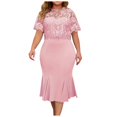 thumbnail image 1 of Wyzesi Robes Taille Femme Invité de Mariage Robe Élégante Grande Taille Femme Couleur Unie Dentelle Contrastée Manches Courtes Col Rond Robe Pyjama de Noël Costume, 1 of 7