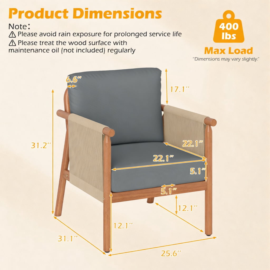 Hommoo Acacia Wood Patio Chair with Woven Rope Armrests, Ergonomic Outdoor Dining Chair for Backyard, Balcony, Porch, Gray