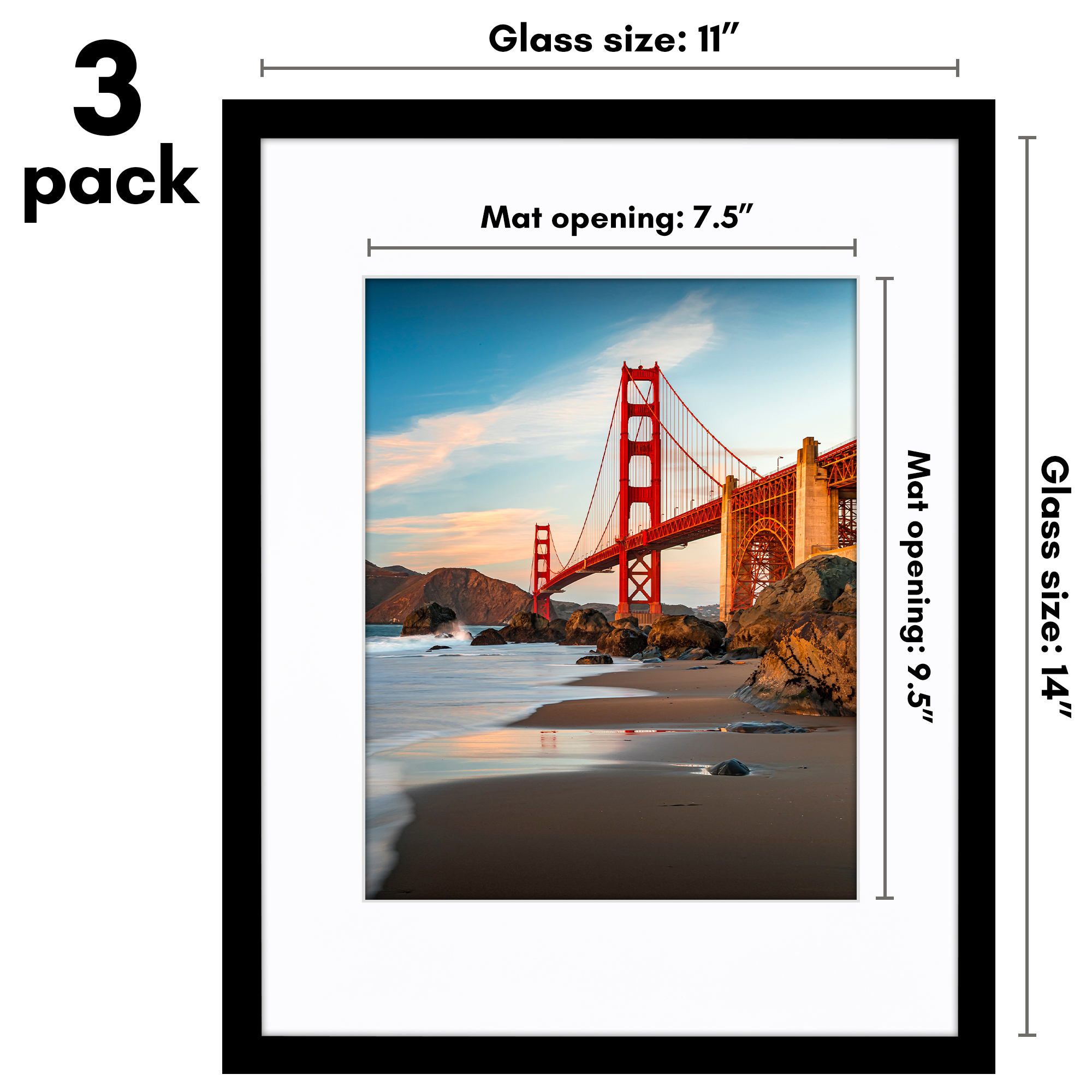 Americanflat 11x14 Black Picture Frames Shatter-Resistant Glass 3 Pack 8x10 With Mat or as 11x14 Frame Without Mat