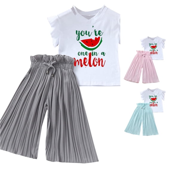 CUZIBR Girls Outfits Cartoon Print Crewneck Short Sleeve Summer Sunflower T Shirt Tops Ruched Casual Loose Pants For Toddler Kids Children Clothes Sets,Grey,6-7 Years
