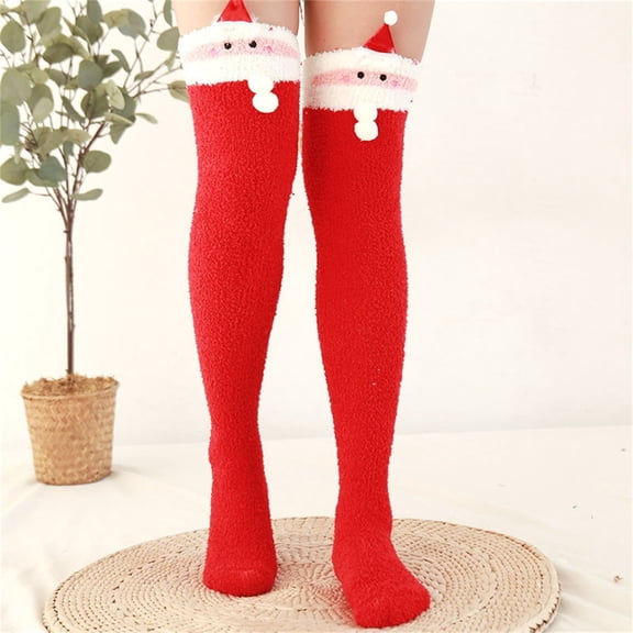 Lumistal Knee High Stockings for Women 2 Pairs Fleece Thickened Cartoon Striped Warm Towel Floor Socks Stockings Over Knee Boot Socks Thigh High Stockings One Size