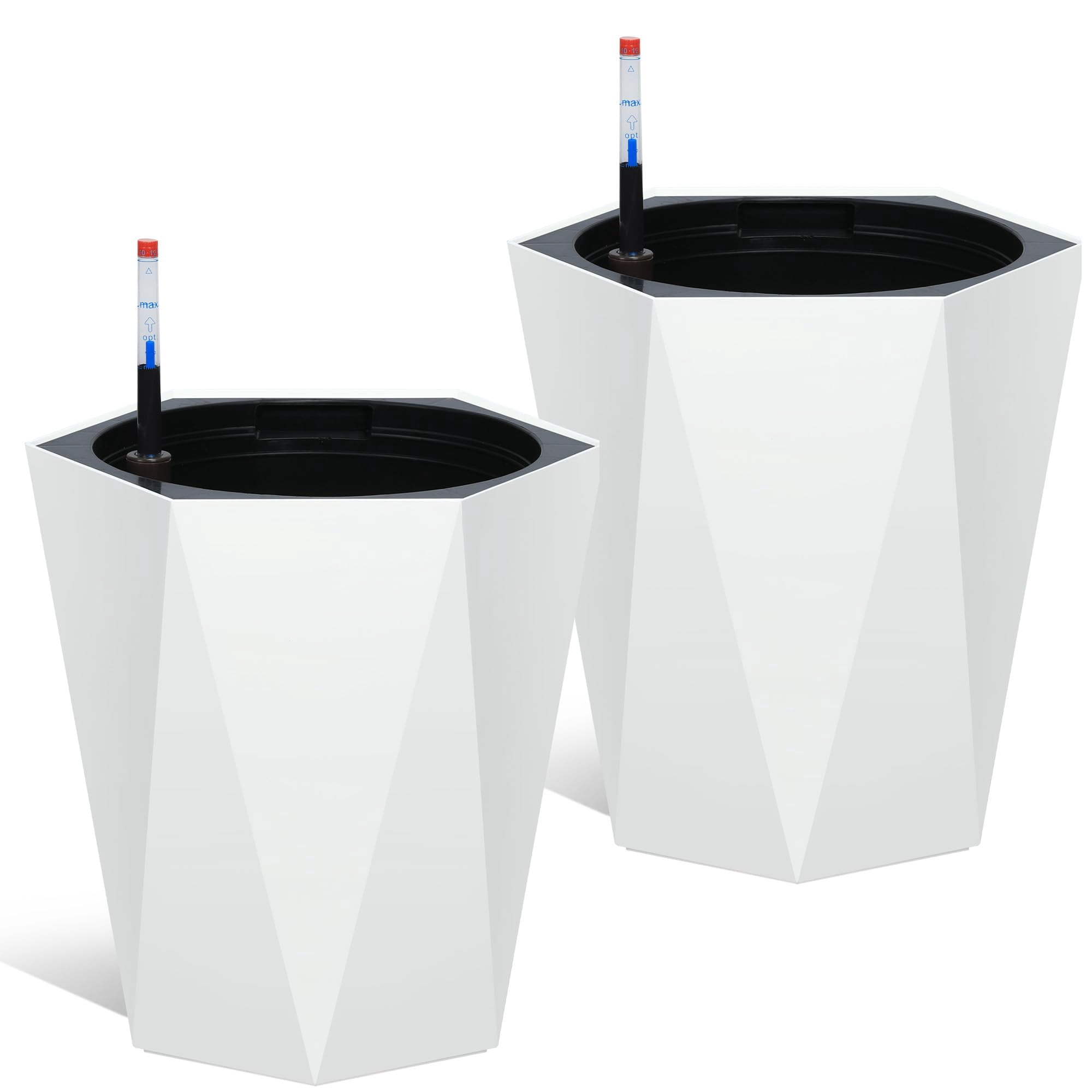 Kojooin 16 Inch Tall Diamond Planters Set of 2, Self Watering Planters with Water Level Monitor and Wheels, Flower Pots Outdoor and Indoor for Patio, Porch, Living Room, Home Office