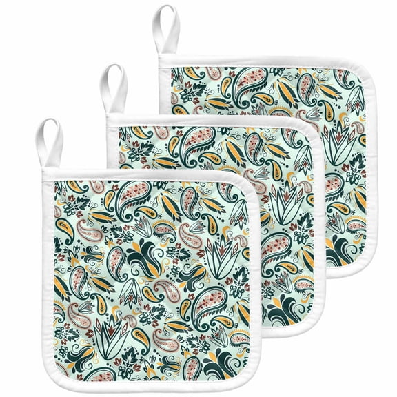 Boho Sage Green Floral Pot Holders for Kitchen Heatproof Potholder, 3 Pack Farmhouse Botanical Vintage Paisley Flower Hot Pads Multipurpose Oven Pads Cloth Potholders Trivet for Cooking Baking