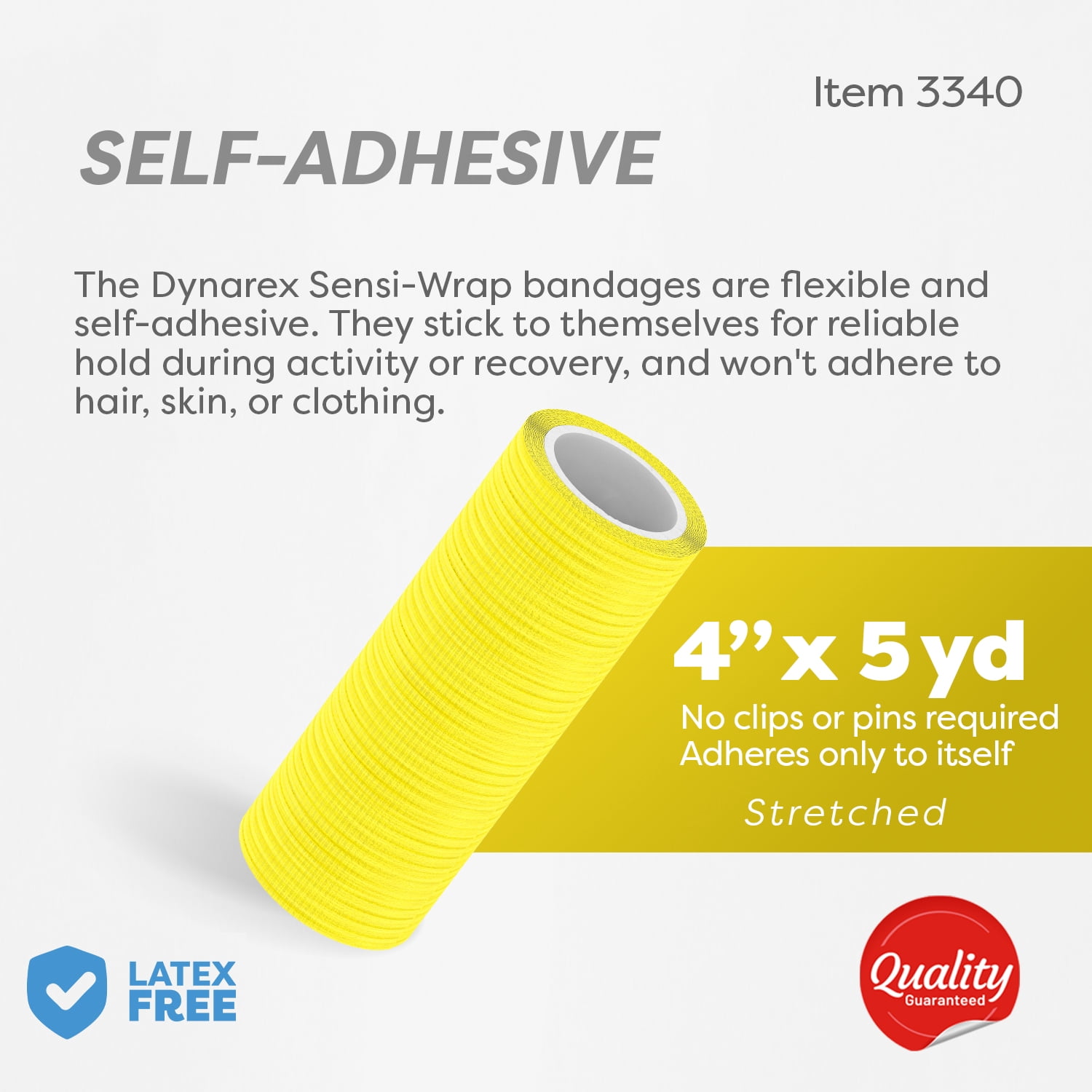 Dynarex Sensi-Wrap Self-Adhesive Bandages, 18-Pack, 4" x 5 yards, Yellow, Latex-Free, Colored Elastic Cohesive Athletic Tape, Tattoo Grip & Vet Wrap