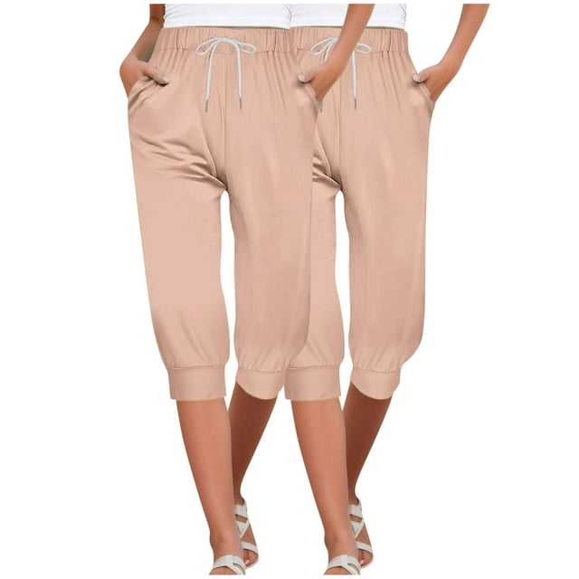 Timegard 2pc Capri Pants for Women Elastic High Waisted Drawstring Comfy Casual Crop Pants with Pockets