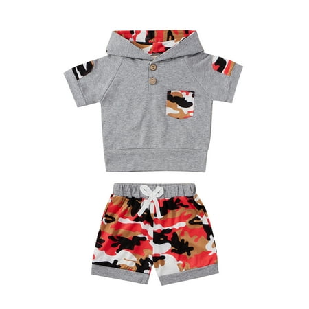

Toddler Baby Summer Tracksuit Camouflage Hooded T-Shirt + Elastic Shorts Set