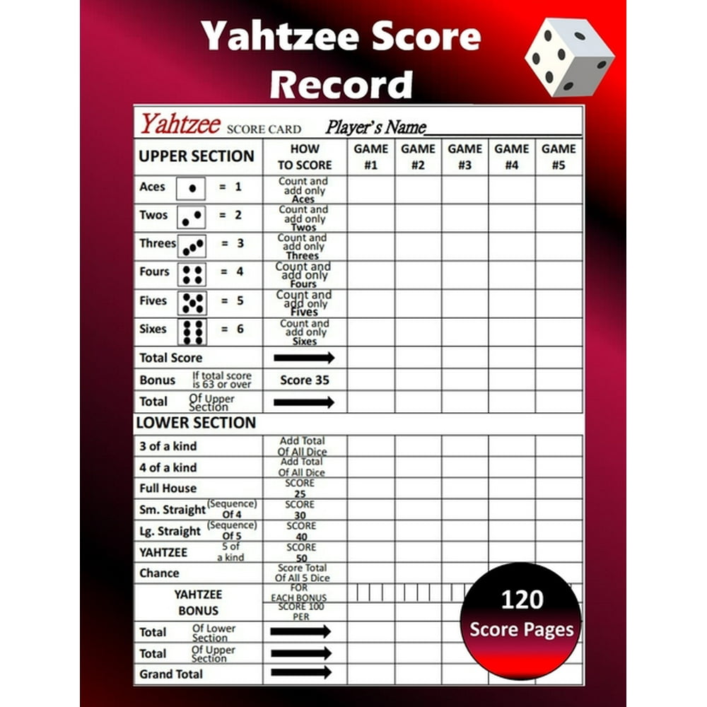 Yahtzee Score Record 120 Yahtzee Score Sheet, Game Record Score