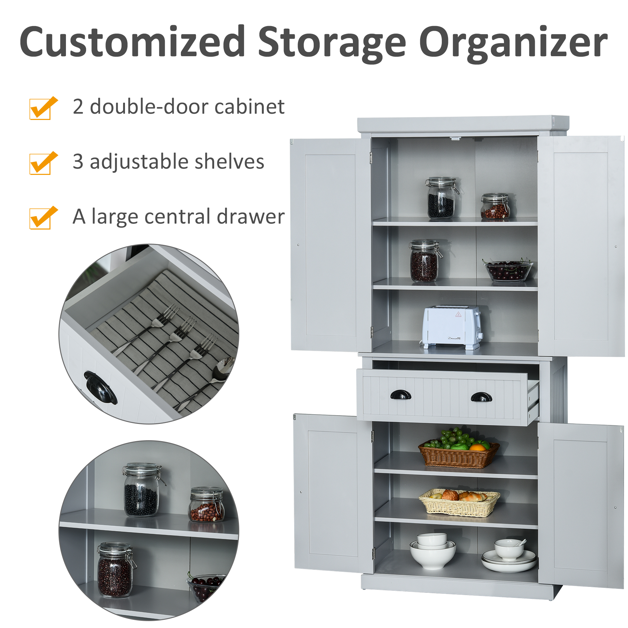 Siavonce Gray Freestanding Tall Kitchen Pantry, 72.4 in. H Kitchen Storage Cabinet Organizer with 4-Doors and Adjustable Shelves