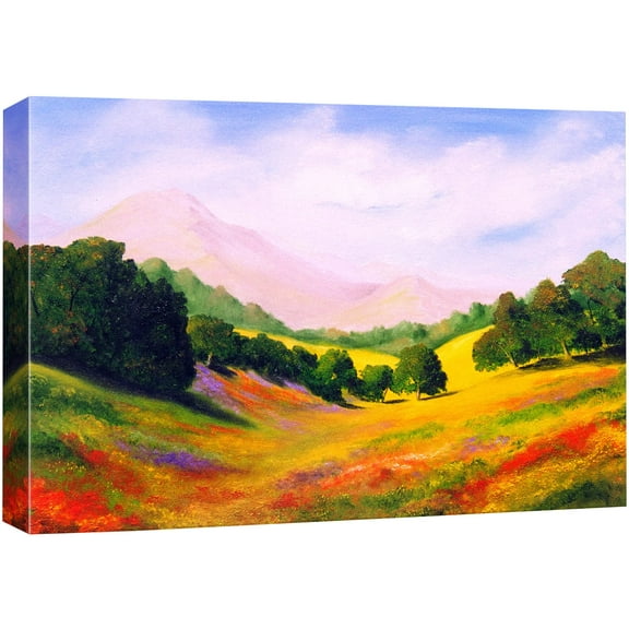 wall26 Canvas Print Wall Art Watercolor Green, Red & Yellow Mountain Meadow Nature Wilderness Illustrations Modern Art Rustic Scenic Colorful Multicolor for Living Room, Bedroom, Office - 12"