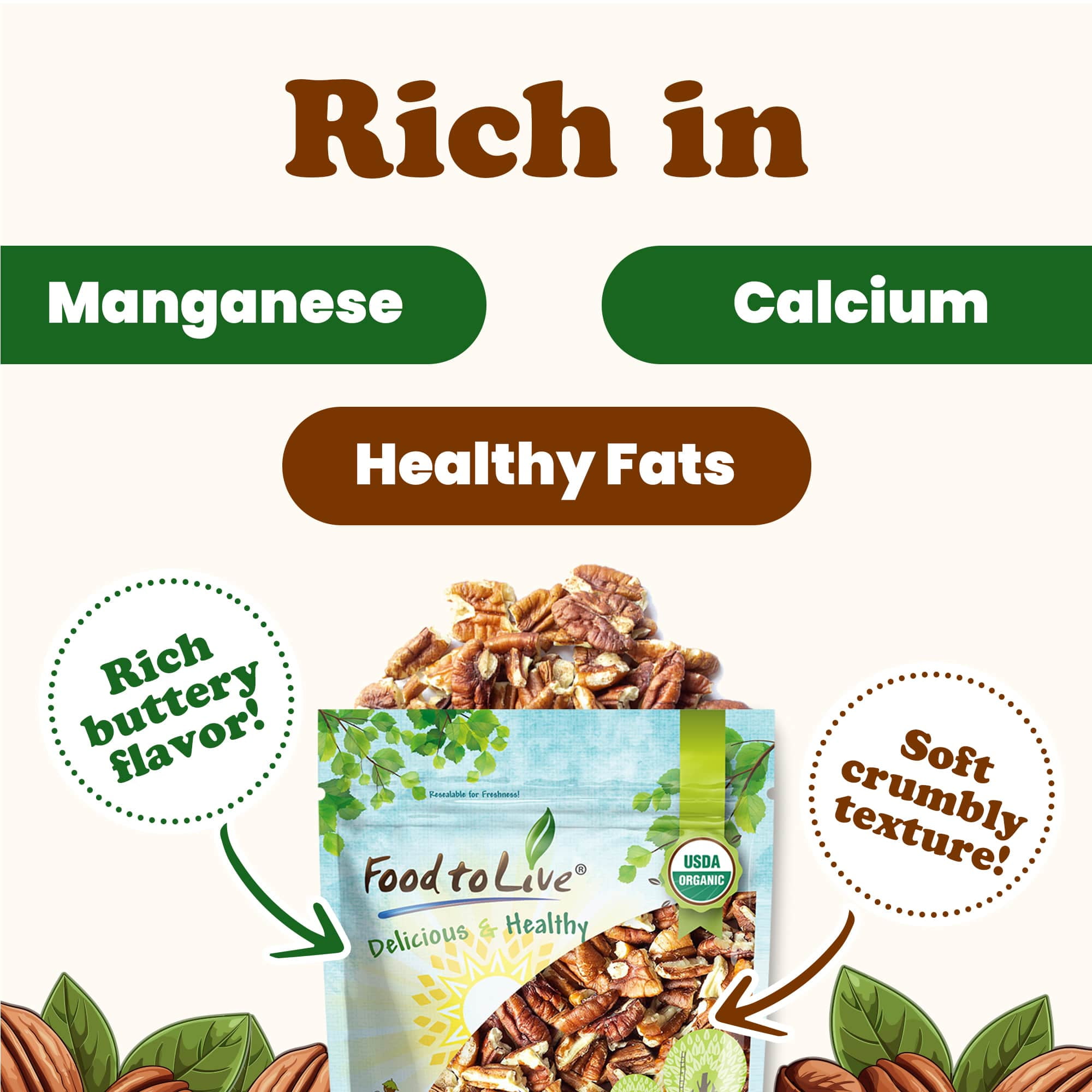 Organic Pecan Pieces, 6 Pounds — Non-GMO, Kosher, Raw, Vegan — by Food to Live