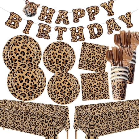 404 Pcs Leopard Print Birthday Party Decoration for 50, Cheetah Birthday Paper Plates Napkins Cup Tablecloth Cutlery Banner Jungle Safari Animal Disposable Tableware for Leopard Party Supplies