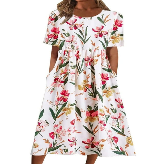 Robes Maxi Amples d'Été Décontractées pour Femmes à Manches Courtes, Col Ras du Cou, Imprimé Fleurs/encre