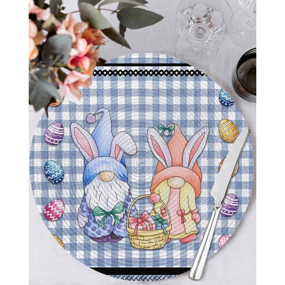 15 Inch Round Placemats Set of 4, Bunny Gnomes Easter Non Slip Heat Insulation PP Table Mats, Eggs Blue Checkered Farmhouse Washable Place Mats for Kitchen Dining Party Table Decor