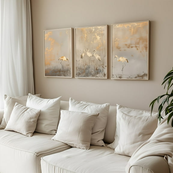 3pcs Japanese Crane Wall Art Prints, Neutral Beige and Golden Abstract Landscape Canvas Posters, Modern Glam Animal Print Artwork for Home Office, Bathroom, Living Room, Bedroom, Dining Room Decor,