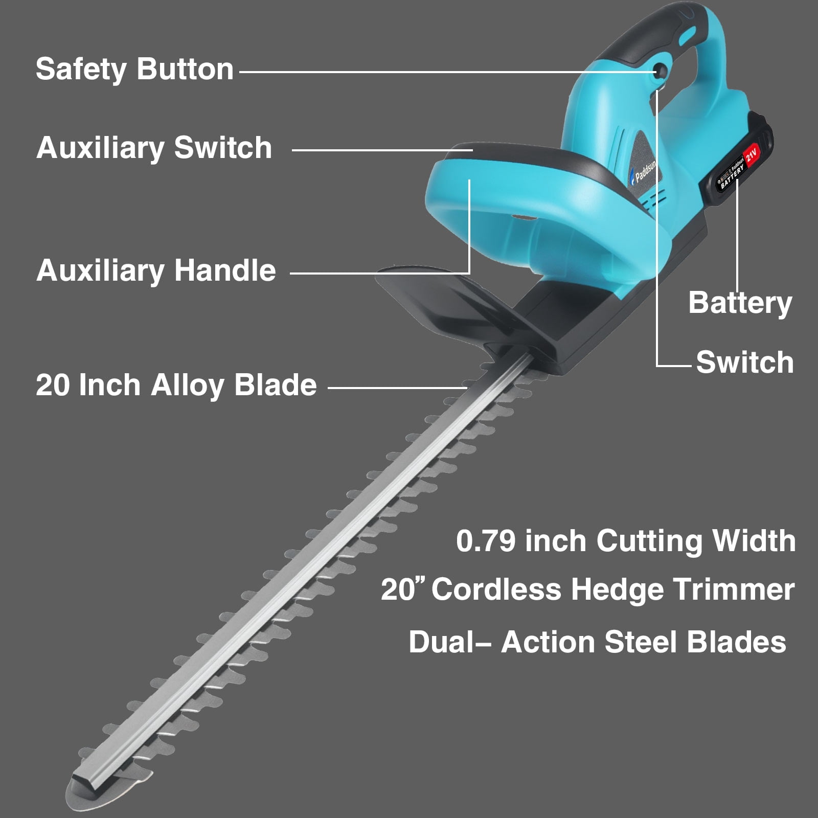 Paddsun Electric Hedge Trimmer, 20" Blade Cordless Hedge Trimmer Double-Sided 0.8" Cutting Width with 3.0Ah Battery