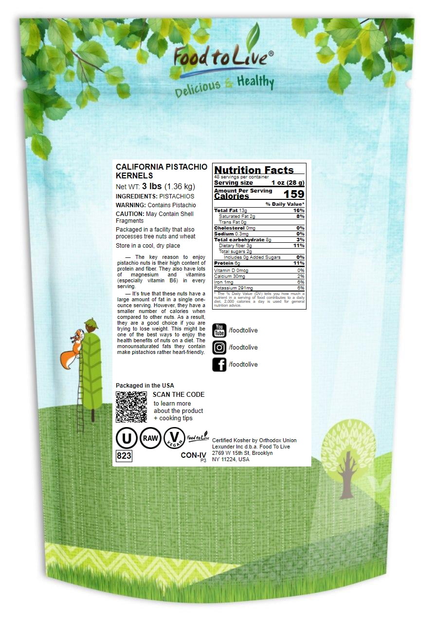 California Pistachio Kernels, 3 Pounds - Kosher, Raw, Vegan - by Food to Live