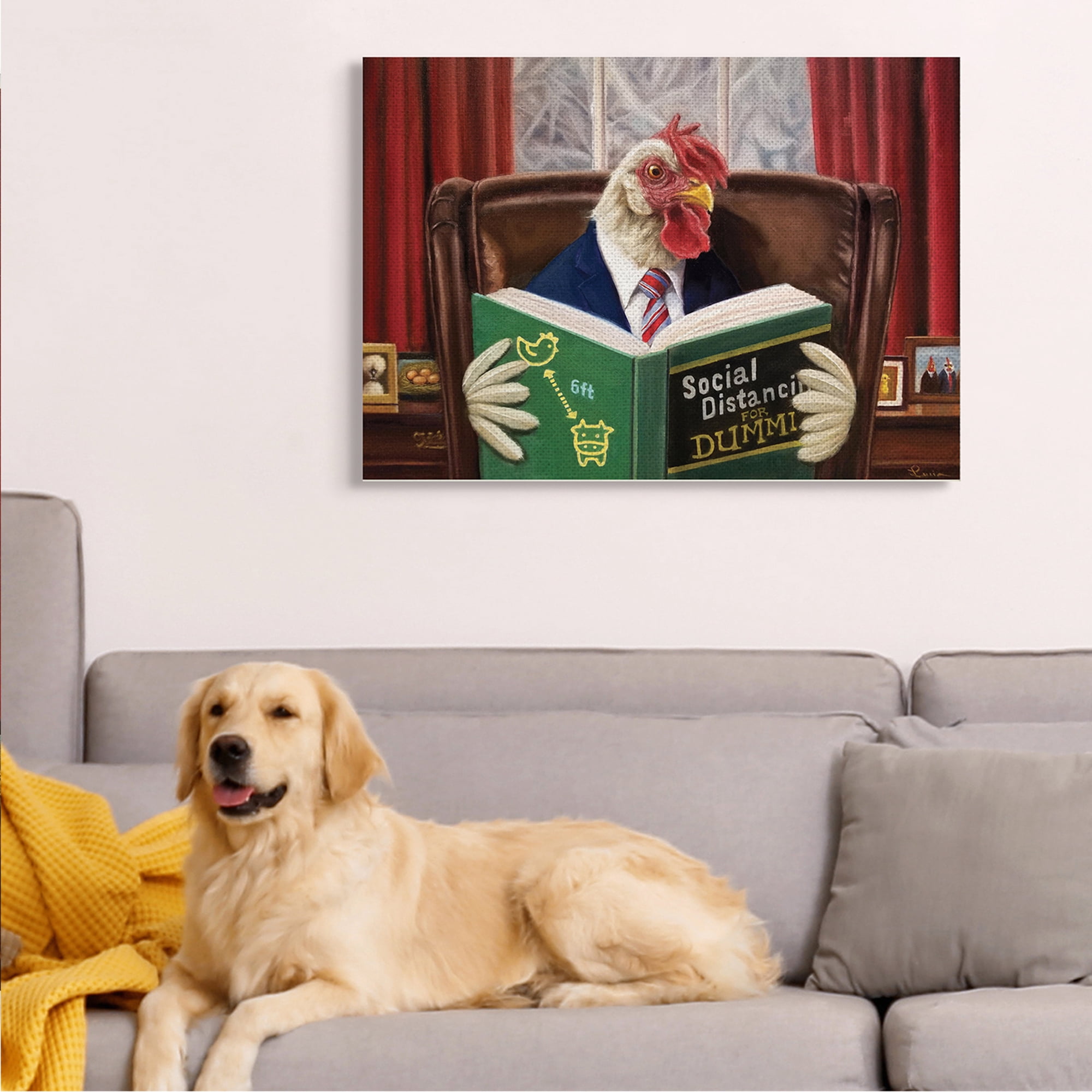 Stupell Industries Rooster Reading at Desk Social Distance Dummies Animals & Insects Painting Gallery Wrapped Canvas Art Print Wall Art, 30 x 40