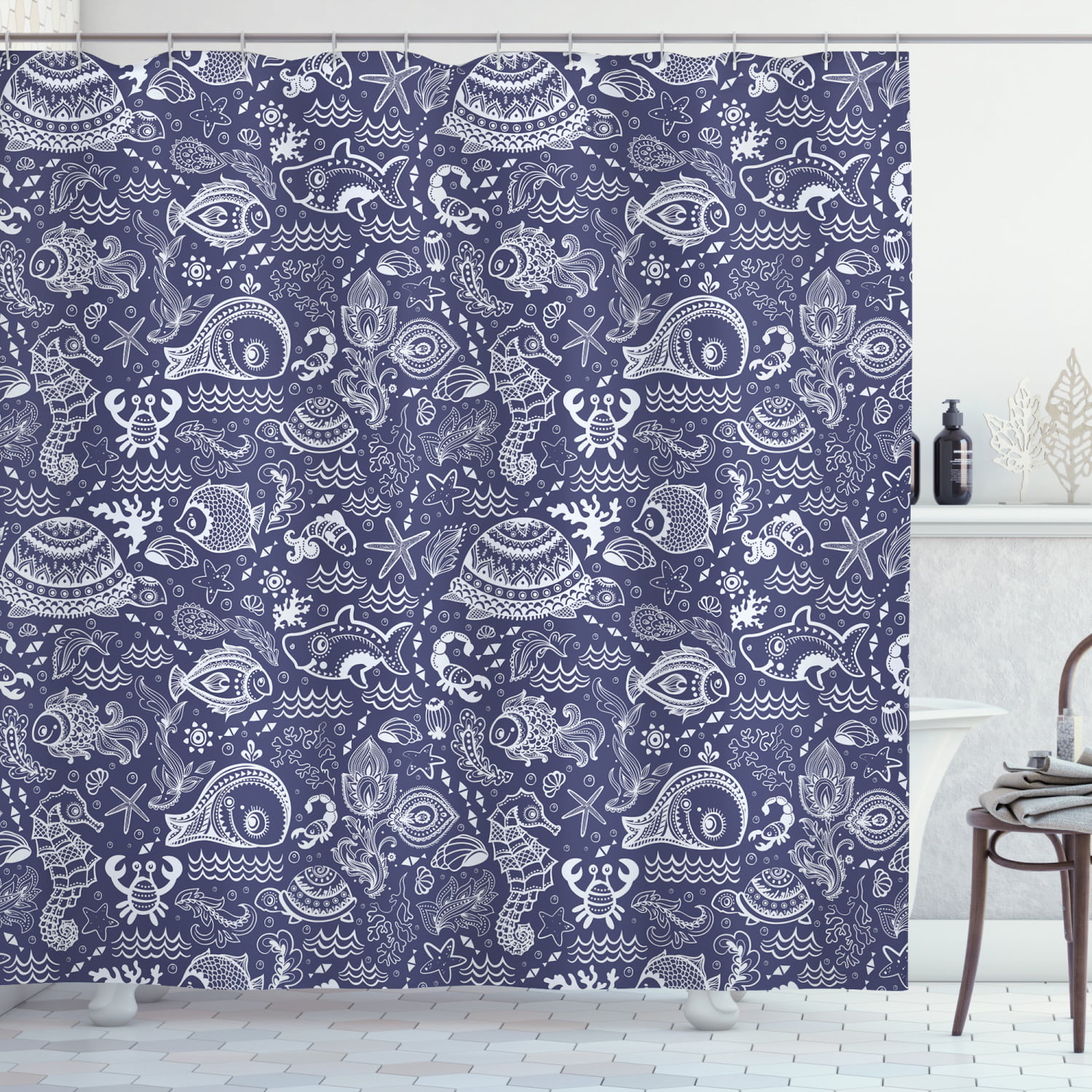 Cloth Fabric Bathroom Decor Set with Hooks Sealife Ocean Creatures Seahorses Shells Fish Stars Floral Details Artwork 70 Long Black and White Ambesonne Sketchy Shower Curtain