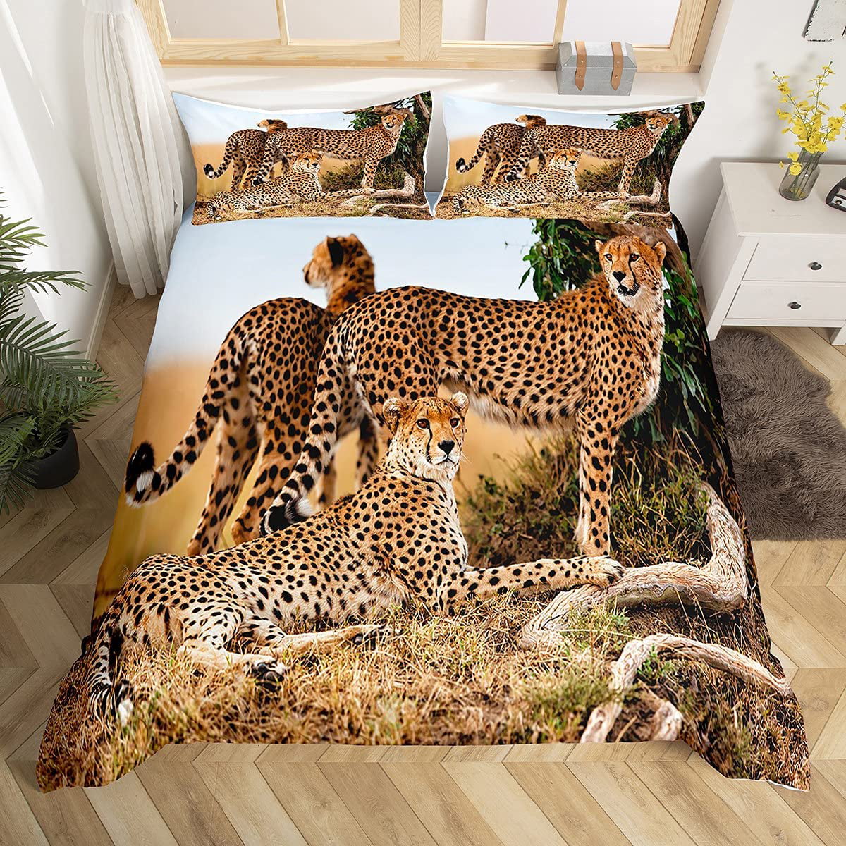 Leopard Bed Sheets Safari Cheetah Bed Sheet Set for Kids Boys Girls Women Colorful Leaves Animal Decor Bedding Set Wildlife Style Decor Fitted Sheet with 1 Pillowcase 2Pcs Bedding Single 