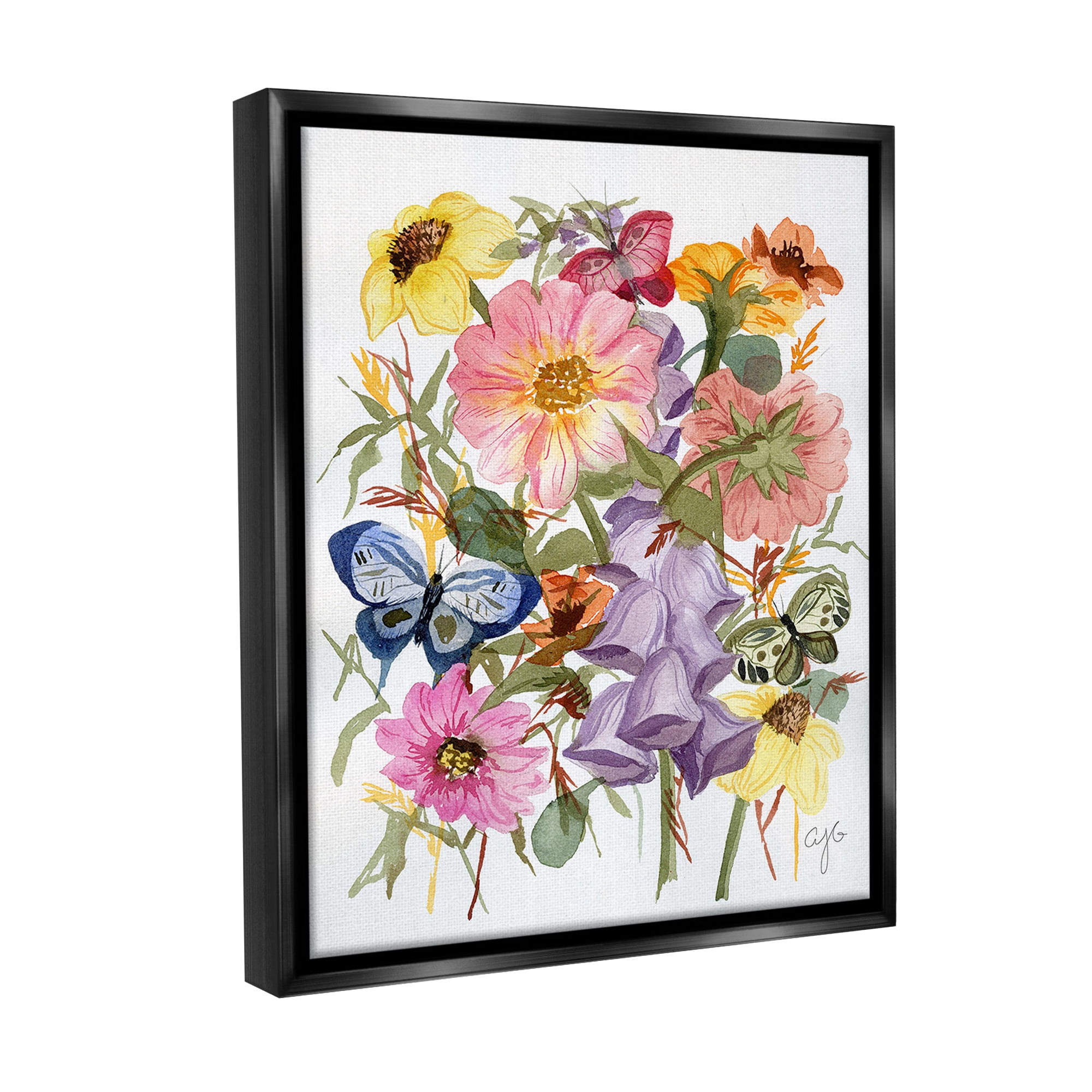 Stupell Industries Mixed Florals & Butterflies Botanical & Floral Painting Black Floater Framed Canvas Art Print Wall Art, 17 x 21