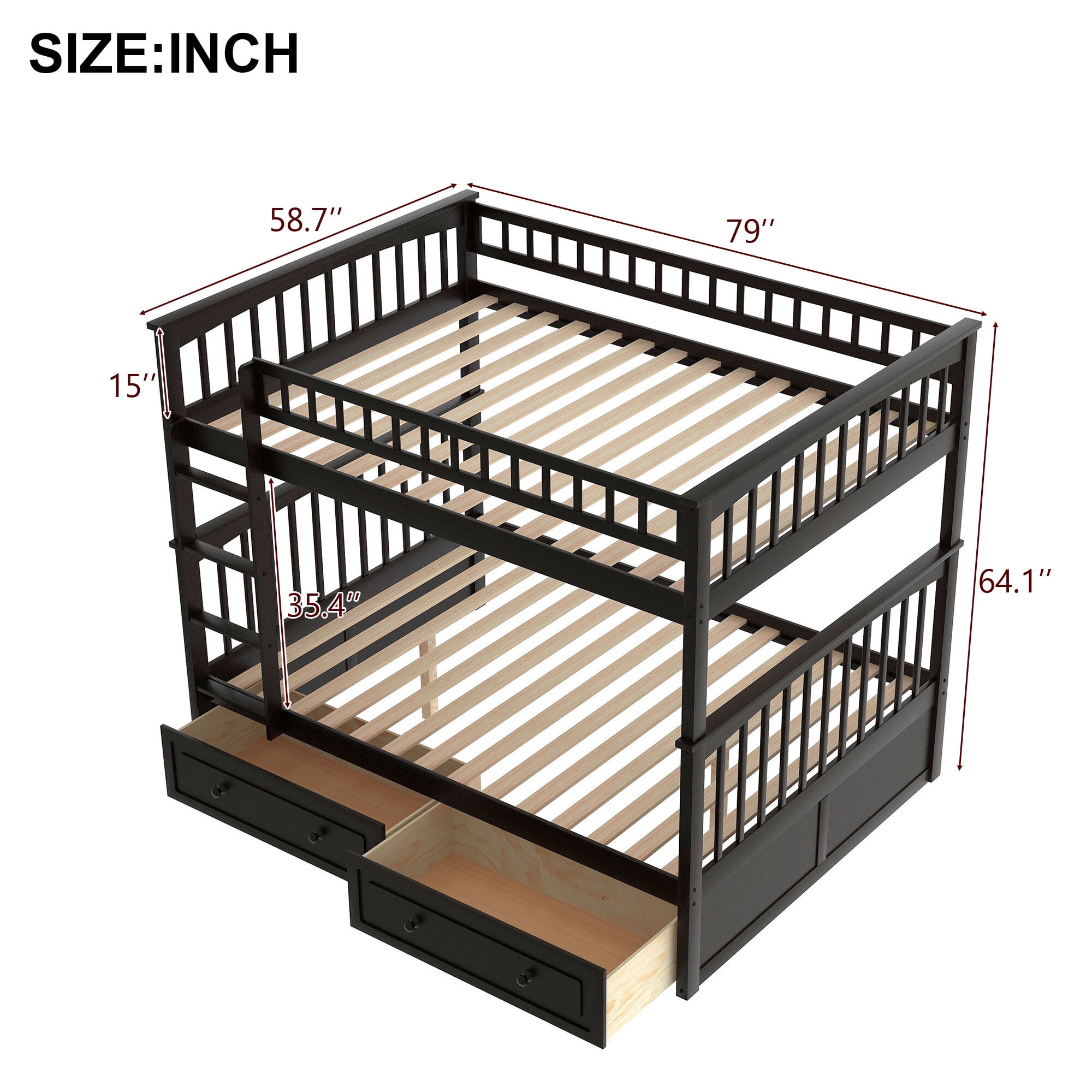 Euroco Full over Full Bunk Bed with Drawers, Convertible into Two Bes, Espresso