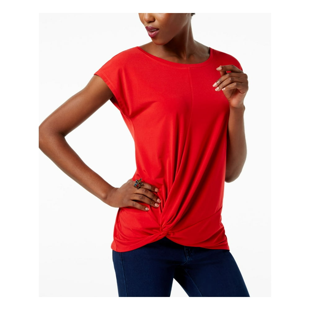 INC INC Womens Red Pleated Front Knot Cap Sleeve Crew Neck TShirt