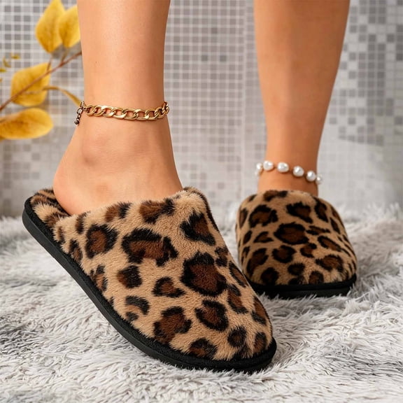 Unisex Leopard Fuzzy Slippers Plush Closed Toe Full Coverage House Shoes Soft Non- Warm Winter Indoor Footwear