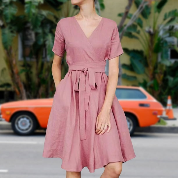 Vestido Vestido casual con cuello en V para mujer Algodón Lino Elegante Línea A Vestidos de playa (Rosa S) Cgtredaw Rosa T S para Mujer