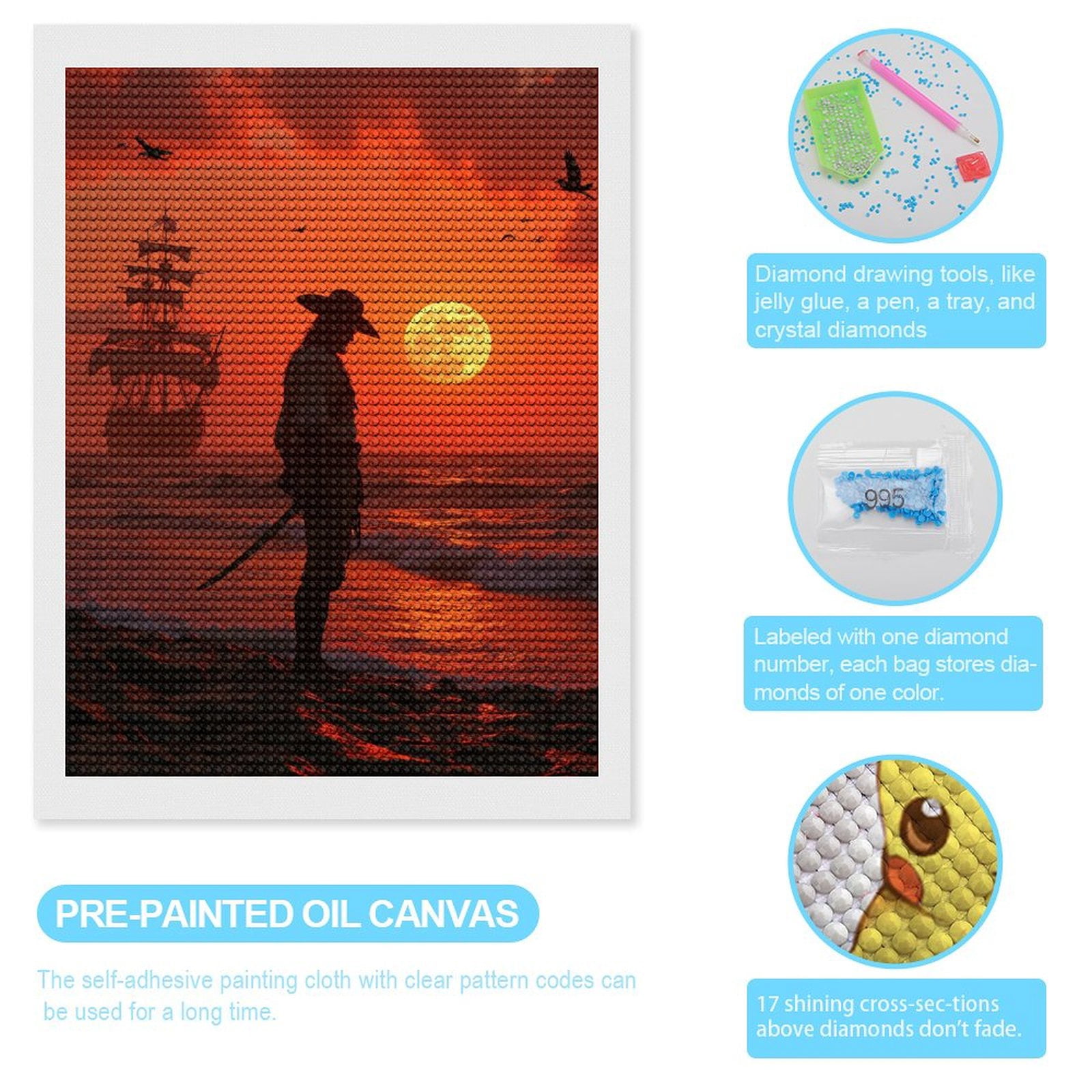 Diamond Art Kits for Adults, Pirate Sunset Silhouette Ocean Ship Moon 5D Diamond Painting Kits for Adults Beginners, DIY Full Drill Diamond Painting, Gem Art and Crafts 12x16