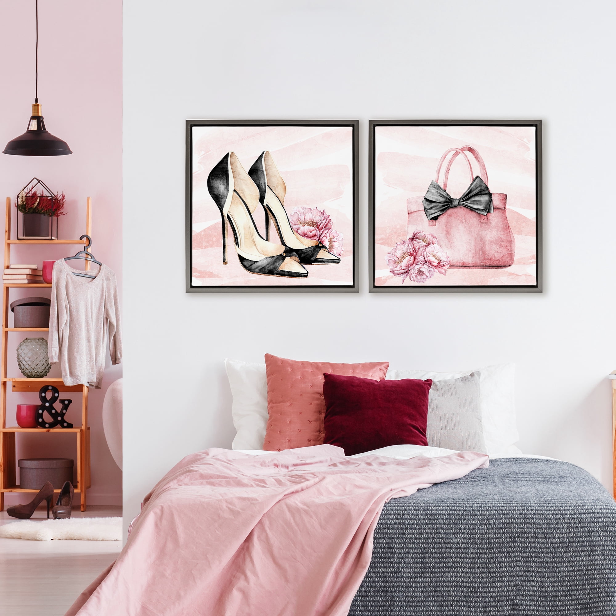 Stupell Industries Rosy Glam Time Shoes 2 Piece Gray Framed Floater Canvas Set, design by Kim Allen