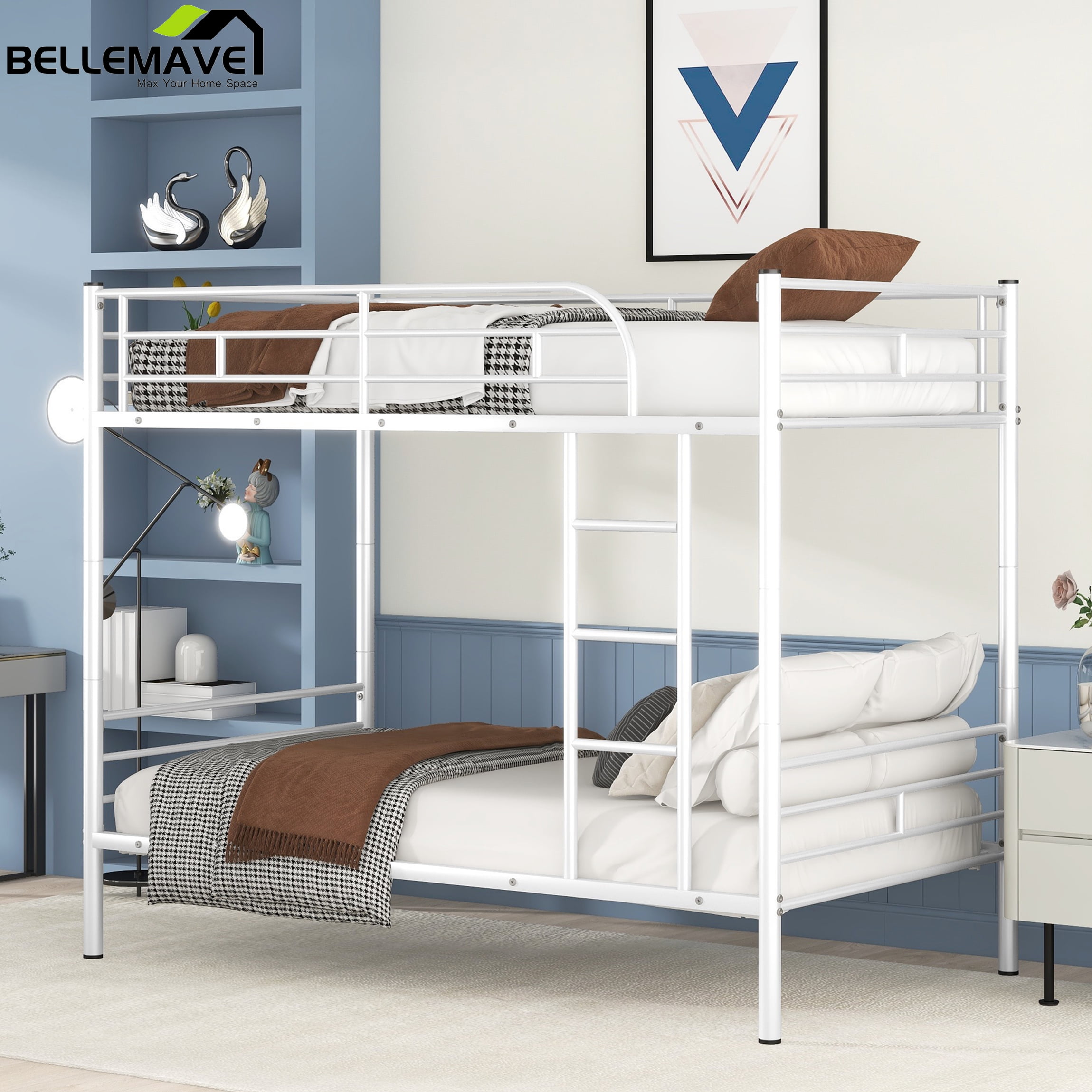 Bellemave Twin Over Twin Metal Bunk Bed with Ladder and FullLength