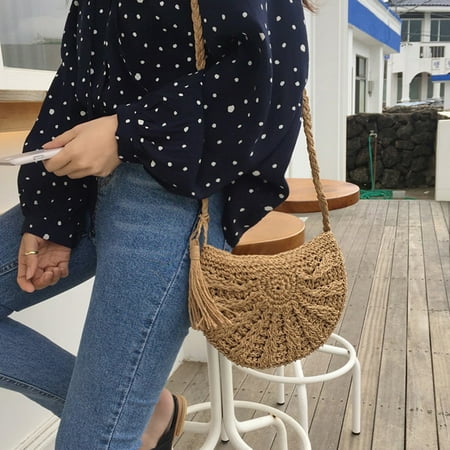 Handmade Indian Handbag Accent Women Straw Bags Half Moon Summer Rattan Bag Handmade Woven Beach Cross Body Bag Bohemia Handbag ()