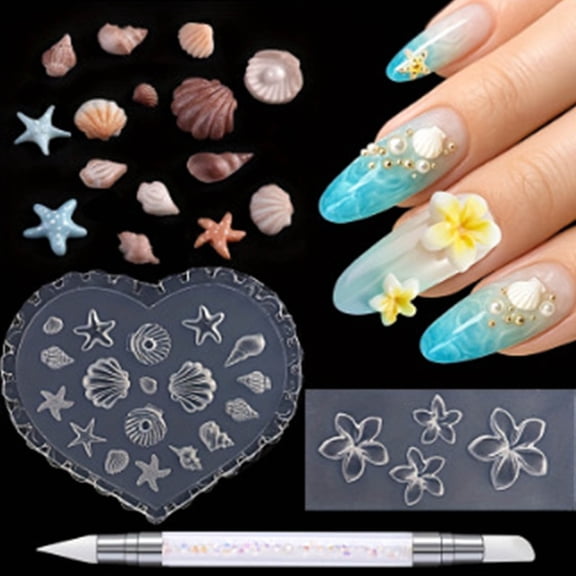 Silicone Nail Molds 3D Flower Dolphin Turtle Shell Butterfly 3D Flower Mold for Nails Reusable Nail Charm Molds for Gel & Acrylic with Carving Pen Multiple DIY Nail Molds for Art Design Salon Home