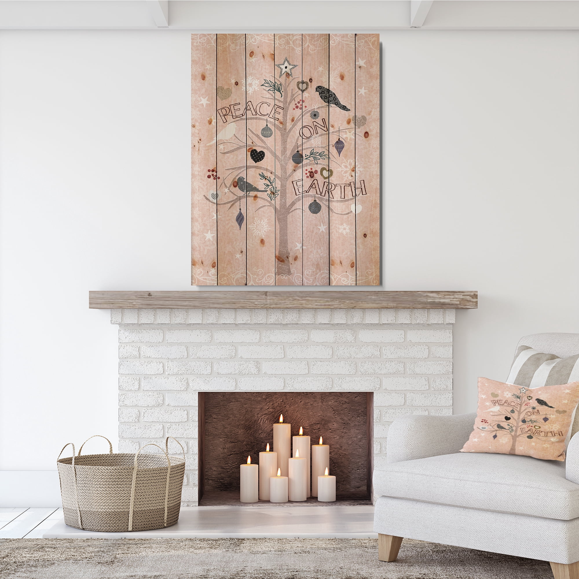 Designart 'The Embellished Christmas Tree, Peace on Earth' Print on Natural Pine Wood