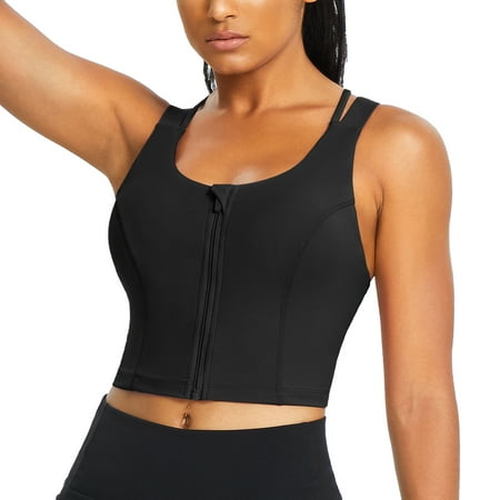

Eleady Women Longline Sports Bra Criss Cross Top Strappy Wireless Bra Zip Front Workout Crop top Padded Tank top(Black Large)
