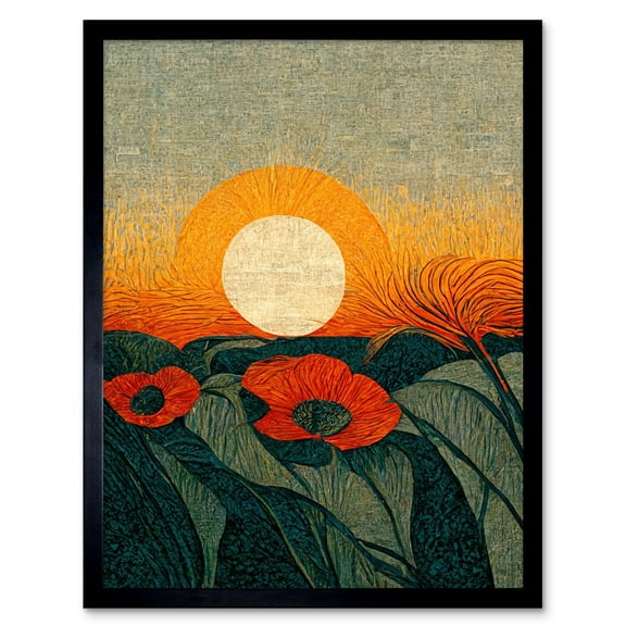 Abstract Sunrise Over Poppy Meadow William Morris Style Art Print Framed Poster Wall Decor 12x16 inch