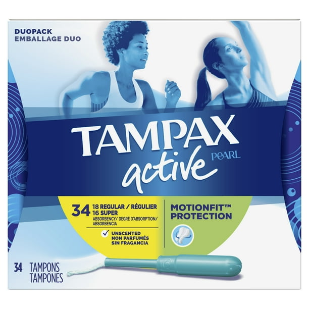 Tampax Pearl Active Tampons, Unscented, Regular/Super Absorb, 34 ct