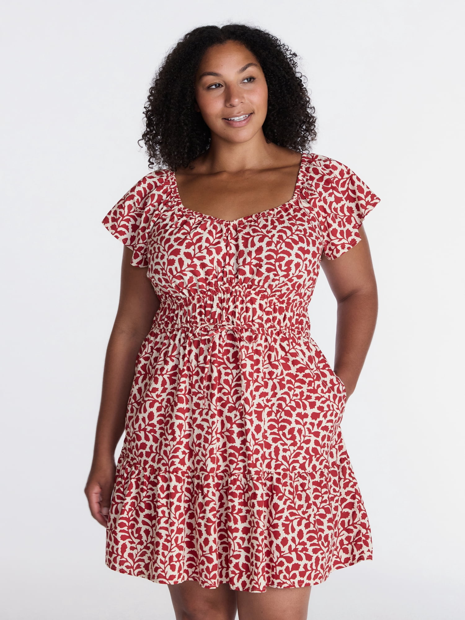 Time and Tru Women's Tie Waist Mini Dress with Flutter Sleeves, Sizes XS-XXXL