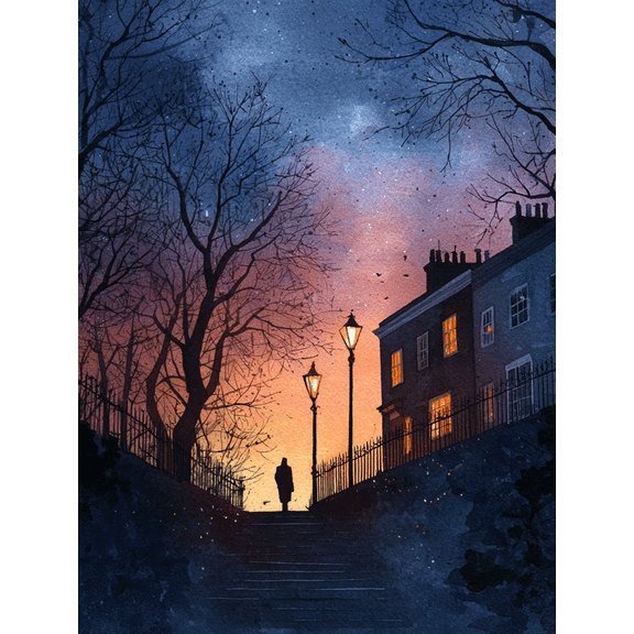 Victorian Streetscape Dusk Silhouette Watercolor Canvas Print, Vintage City Wall Art for Living Room Bedroom Hallway Office Study Hotel