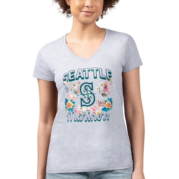 Women's G-III 4Her by Carl Banks Heather Gray Seattle Mariners Flowers Graphic Fitted V-Neck T-Shirt