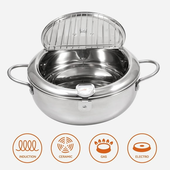 Dvkptbk Stainless Steel Pan Deeps Fryer Pot Tempura Frying Pot with Lid 304 Stainless Steel with Temperature Control and Oil Drip Drainer Rack for Kitchen French Fries Kitchen Essentials