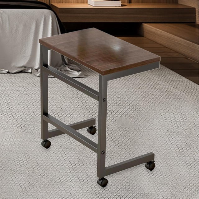 Mesa Auxiliar Mesa Auxiliar Industrial Muebles Decoración del Hogar con Ruedas Giratorias Bandeja de TV en Forma de C para Dormitorio Interior Proch Marrón