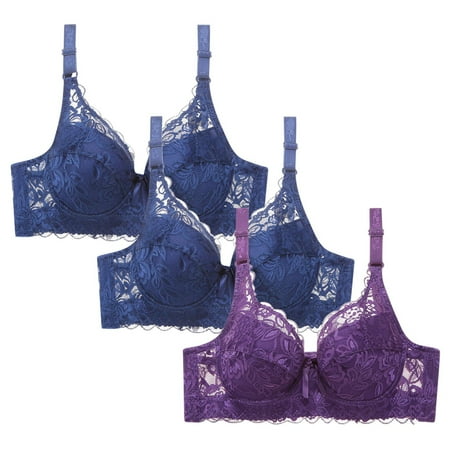 WREESH Women s 3 Pack Lace Bralette Push Up Soft Padded Bras Wireless Plunge Bra Adjustable Strap No Underwire Bras Comfortable Everyday Bra Underwear Blue