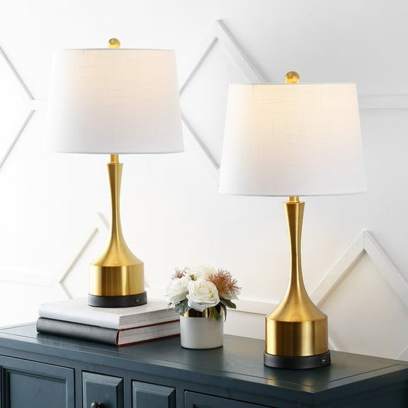 JONATHAN Y Cooper 26" Classic French Country Iron LED Table Lamp with USB Charging Port, Brass Gold (Set of 2), JYL4045A-SET2