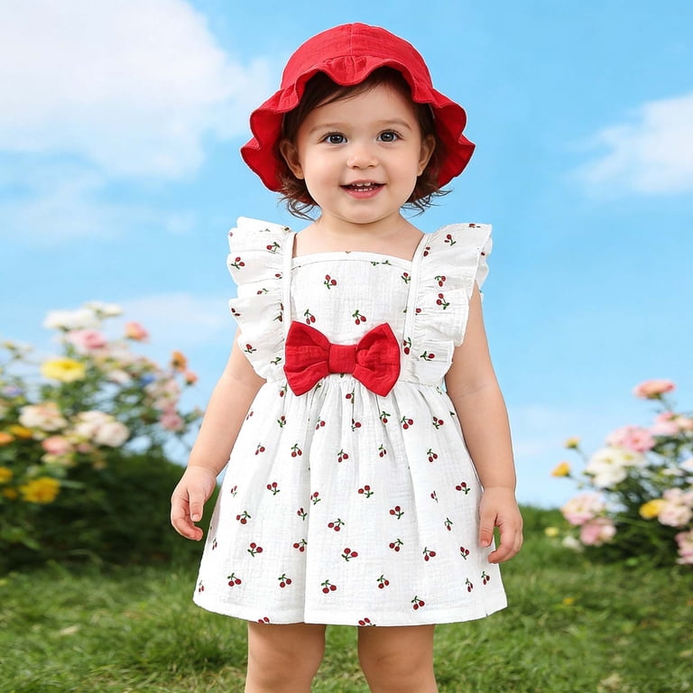 Toddler Girls Dresses With Cherry Print Bow And Hat Sleeveless Ruffle Beach Outfit Holiday Dress Size 12-18 Months