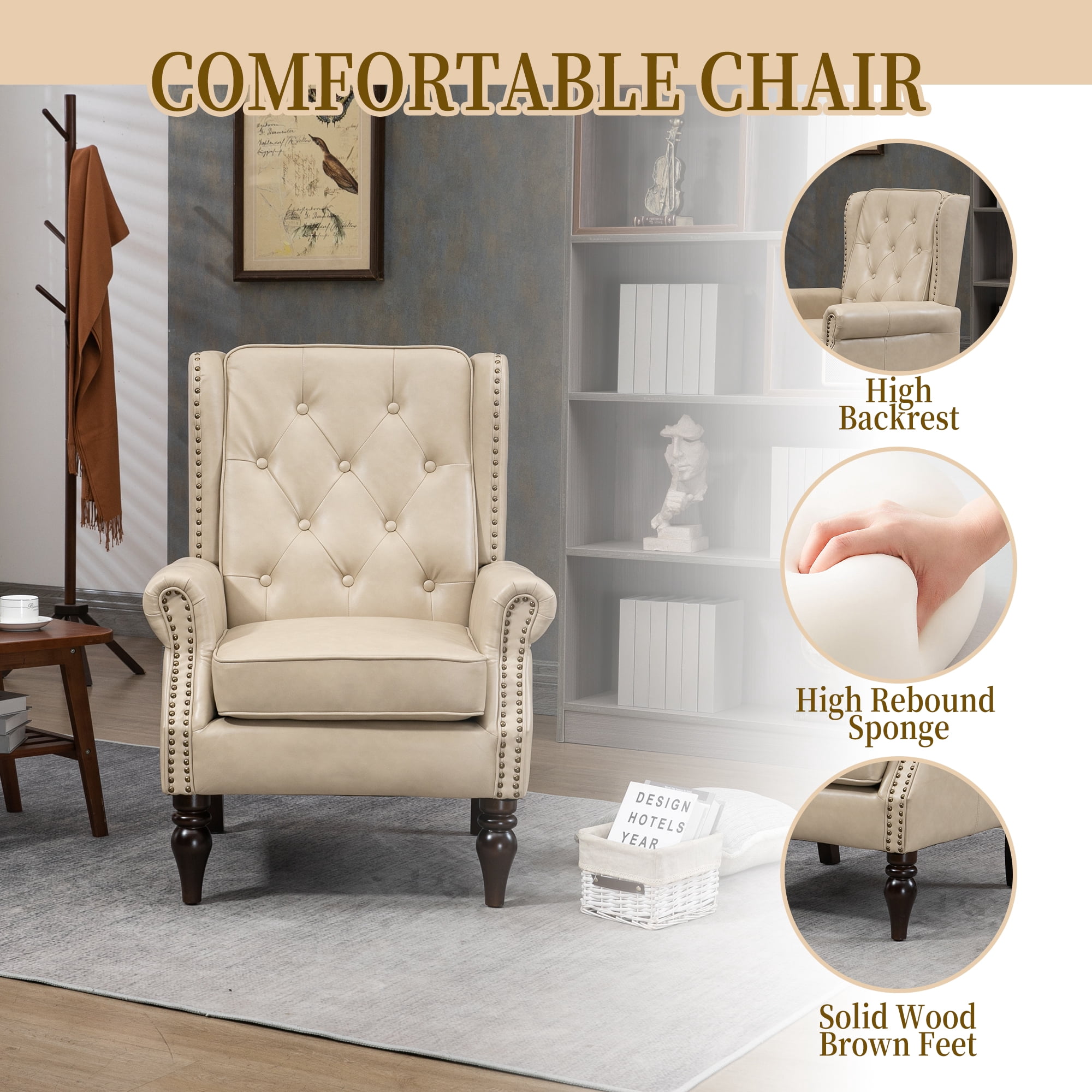 MOONMISS Mid-Century Leather Upholstered Tufted Nailhead Wood Frame Armchair for Living Room-Camel